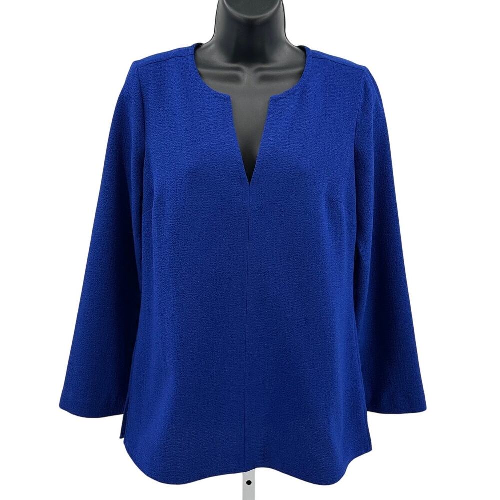 J.Crew Blouse WMNS Blue Long Sleeve Split Neck Pullover Side Slit Stretch Casual
